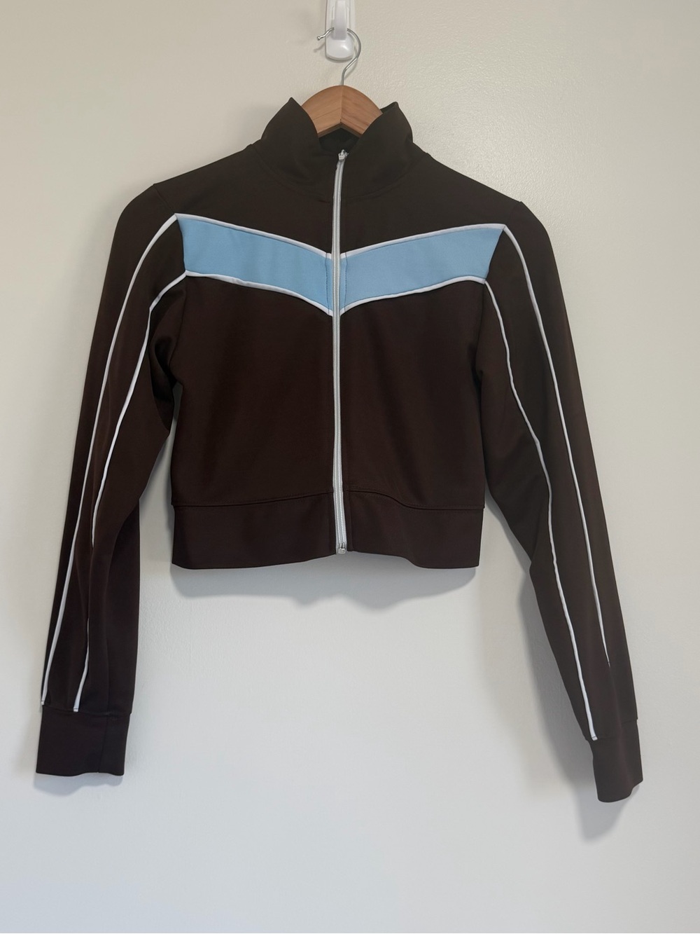Miken Vintage Style Cropped Track Jacket Brown & Light Blue Small